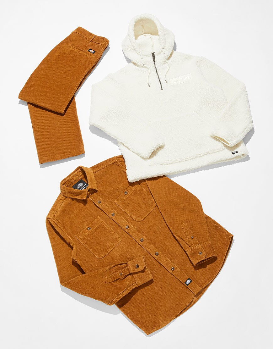 A Dickies cord shacket, trousers and fleece overhead half-zip jacket available at ASOS | ASOS Style Feed