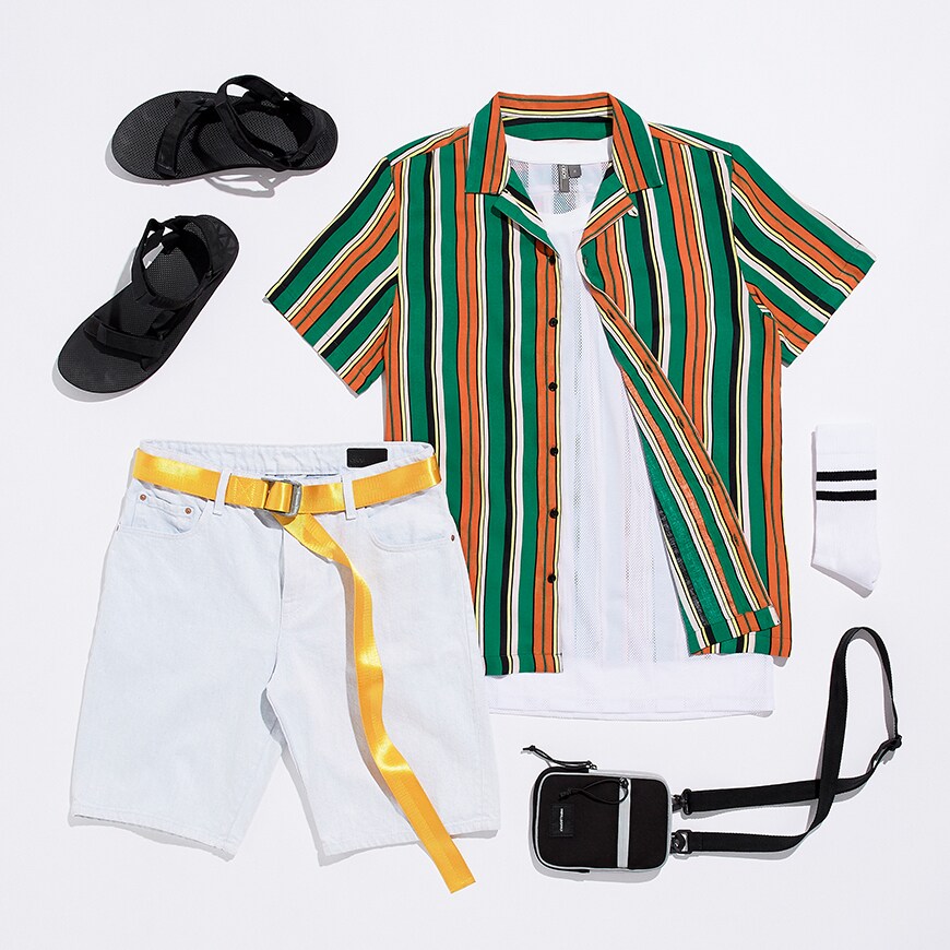 A white mesh T-shirt, striped shirt, denim shorts, sandals and a flight bag available at ASOS | ASOS Style Feed