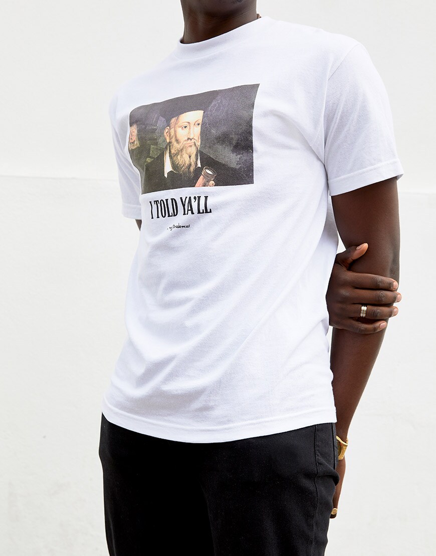 A close-up of Babatunde's T-shirt | ASOS Style Feed