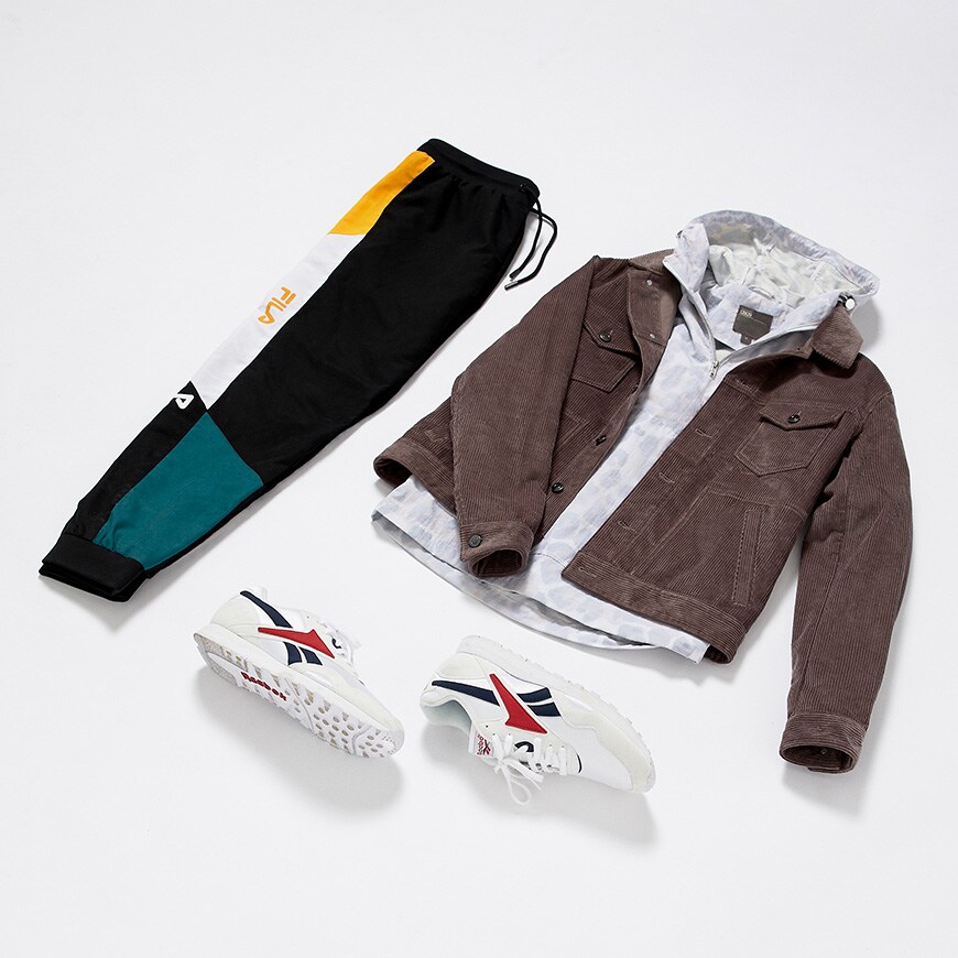 A half-zip overhead top, brown jacket, Fila joggers and Reebok trainers available at ASOS | ASOS Style Feed