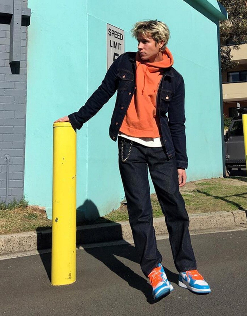 @asos_Jono wearing a denim jacket, orange hoodie, asos skater jeans and Nike trainers | ASOS Style Feed