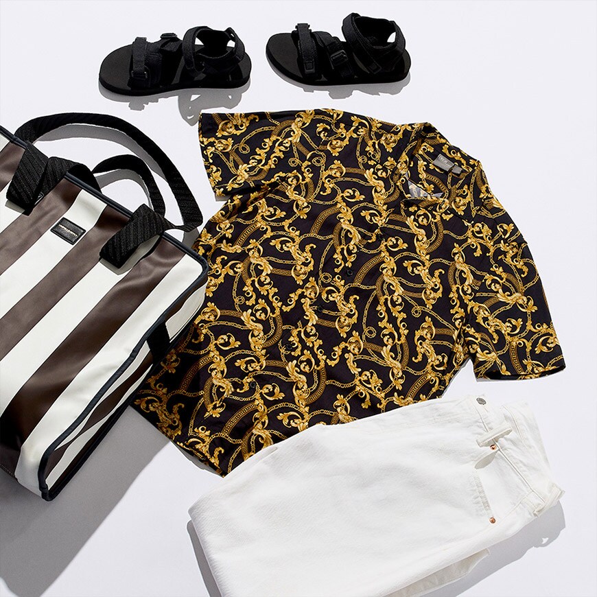 A Miami-inspired outfit, featuring a revere collar shirt, white jeans, black sandals and monochrome bag | ASOS Style Feed