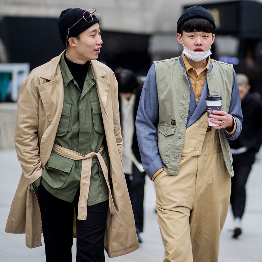 Street-stylers in beanie hats, a suit jacket, dungarees, mac coat and gold-framed glasses | ASOS Style Feed