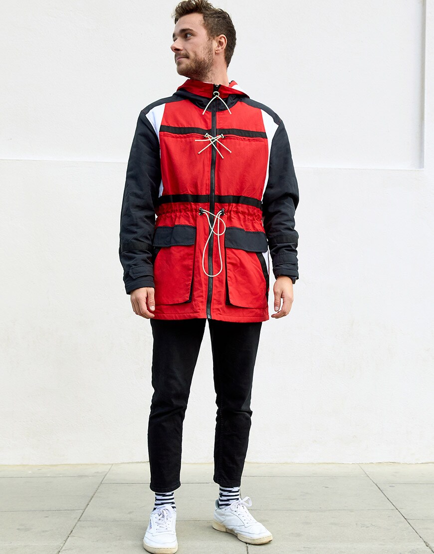 Miles wearing an ASOS DESIGN ski jacket, ASOS DESIGN jeans, happy socks and Reebok Classics | ASOS Style Feed
