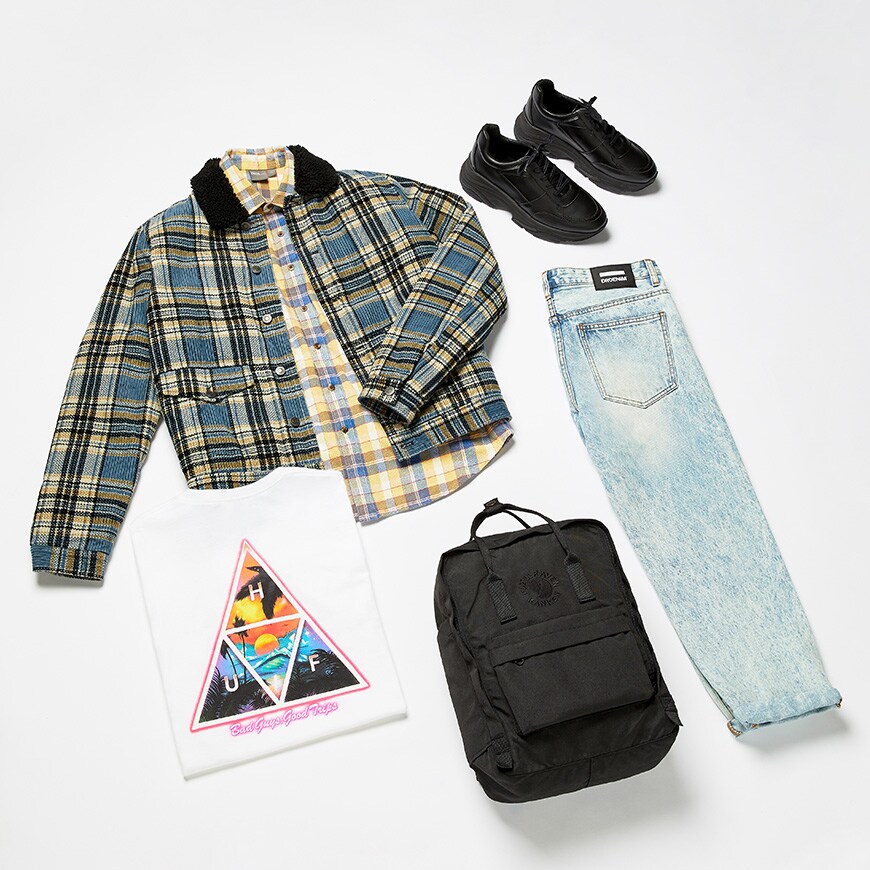 A plaid shirt, check jacket, HUF T-shirt, jeans, ASOS DESIGN chunky trainers and black backpack available at ASOS | ASOS Style Feed