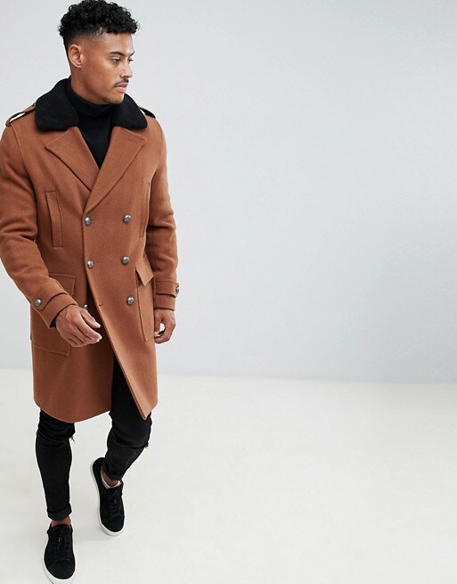 Rostbrauner zweireihiger Mantel für Herren, erhältlich bei ASOS