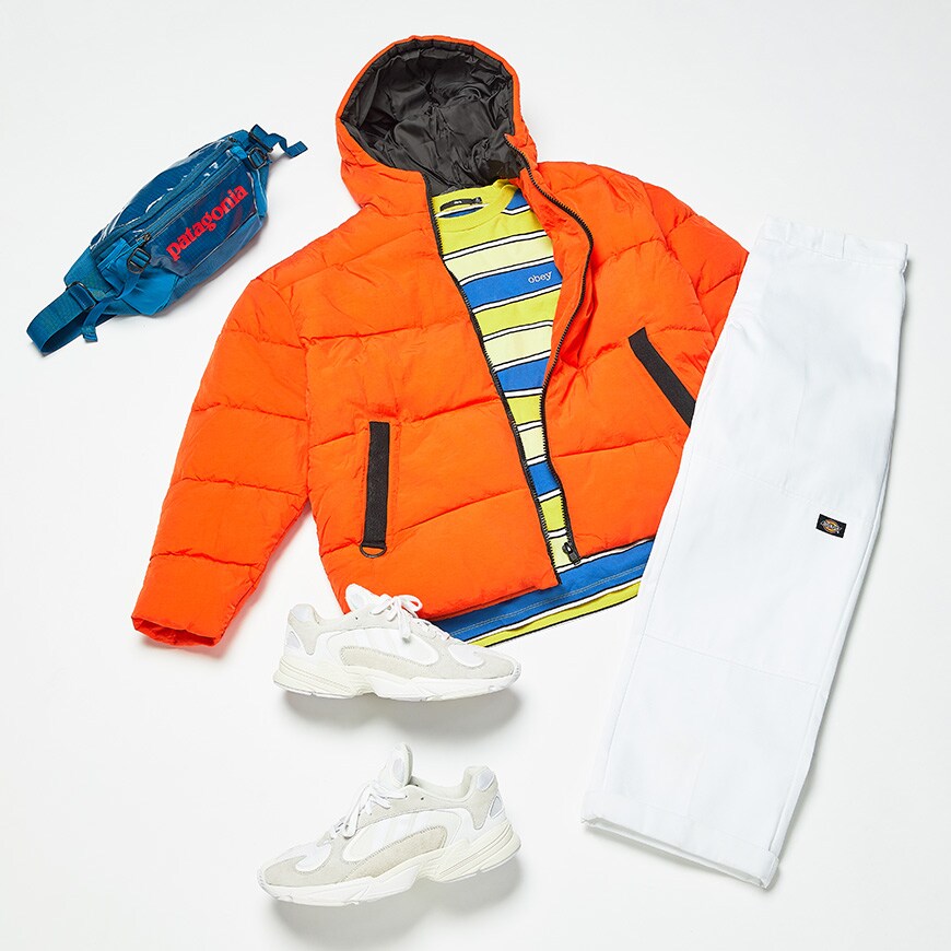 An Obey T-shirt, puffer jacket, Patagonia bum bag, Dickies work pants and off-white adidas Yung-1 trainers available at ASOS | ASOS Style Feed