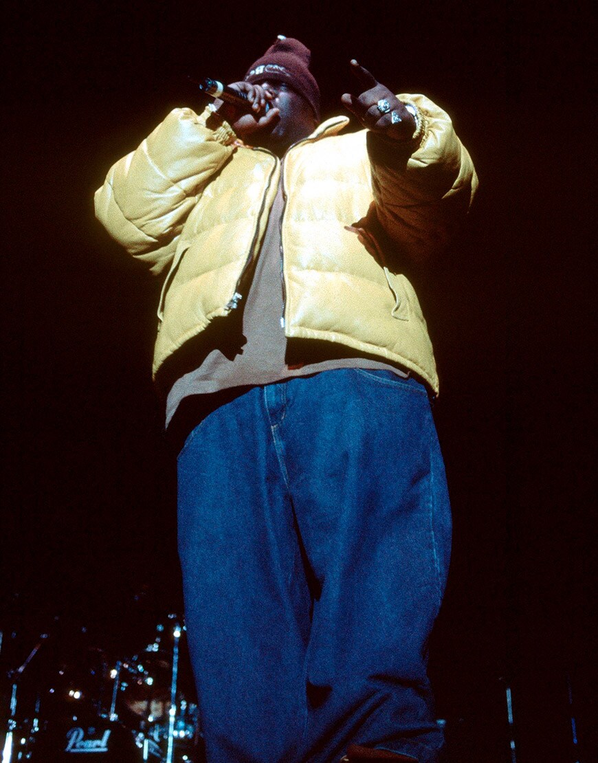 Rapper Biggie Smalls wearing a puffer jacket | ASOS Style Feed