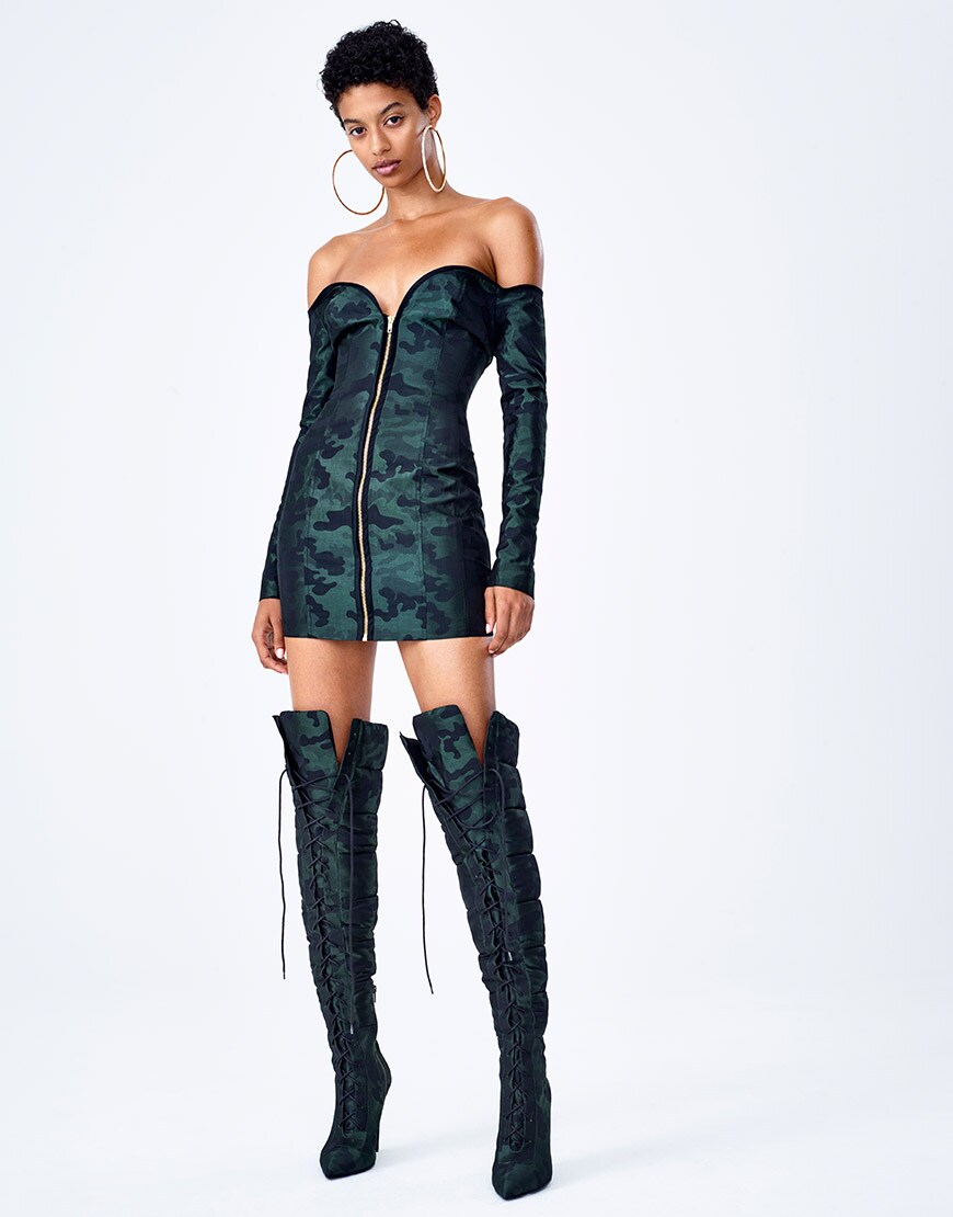 An off-the-shoulder zip dress and lace-up boots from the ASOS DESIGN x LaQuan Smith range available at ASOS | ASOS Fashion & Beauty Feed