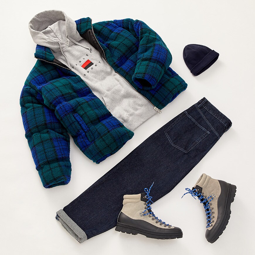 A parlez hoodie, check puffer jacket, jeans, hiking boots and beanie available at ASOS | ASOS Style Feed