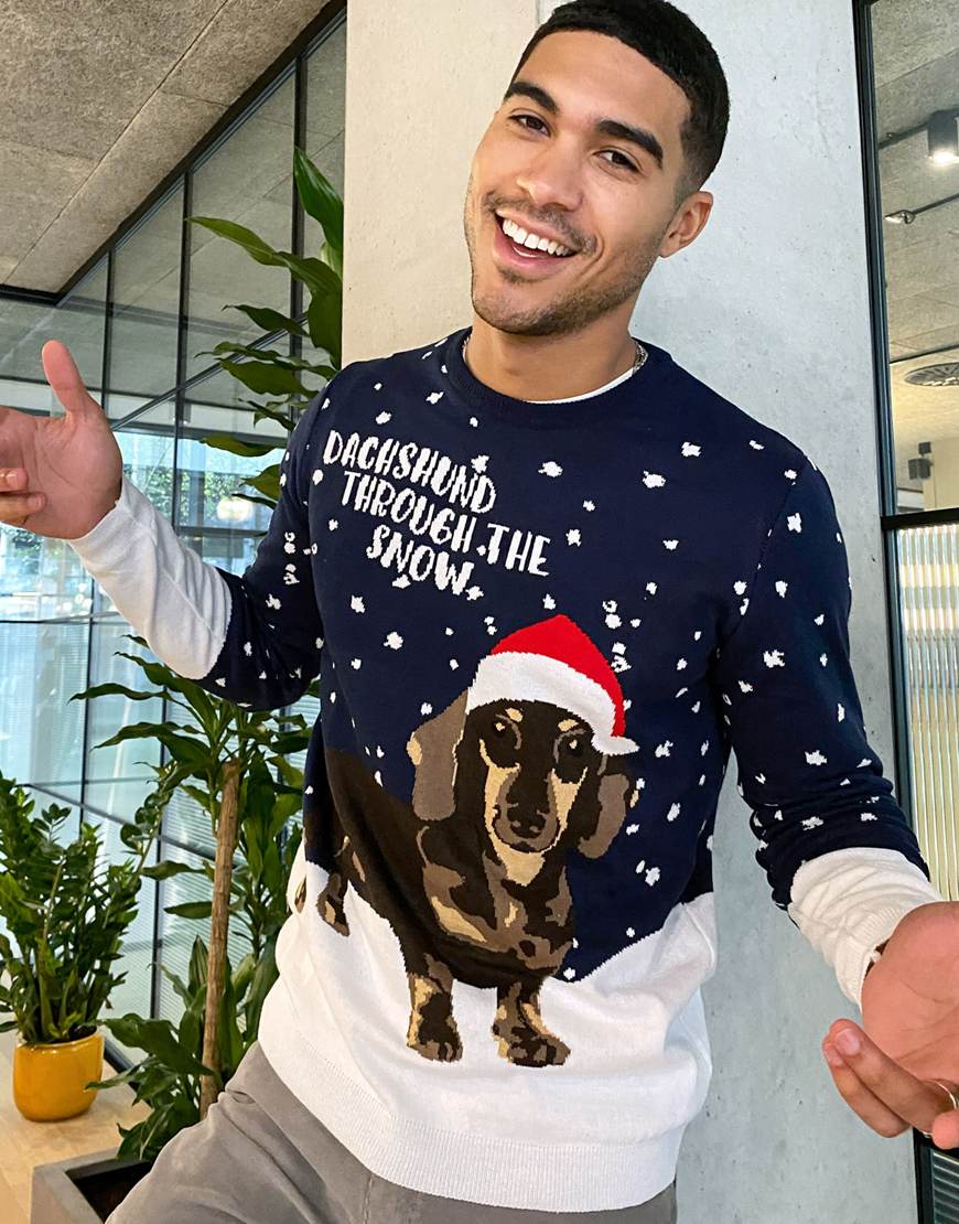 Model wearing ASOS DESIGN knitted christmas jumper with dachshund design
