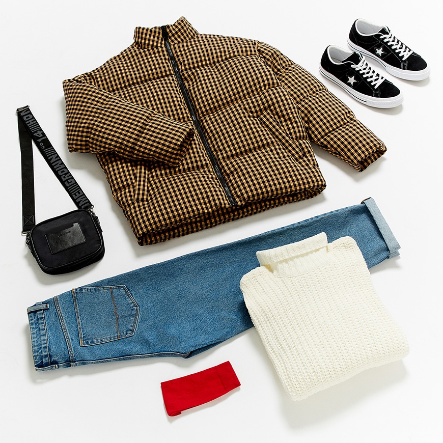 A roll-neck jumper, jeans, check puffer jacket, flight bag and Converse One Star trainers available at ASOS | ASOS Style Feed