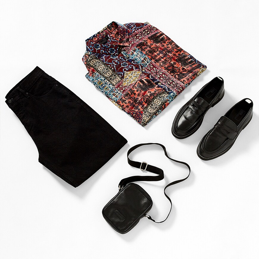 A print shirt, black jeans, loafers and flight bag available at ASOS | ASOS Style Feed