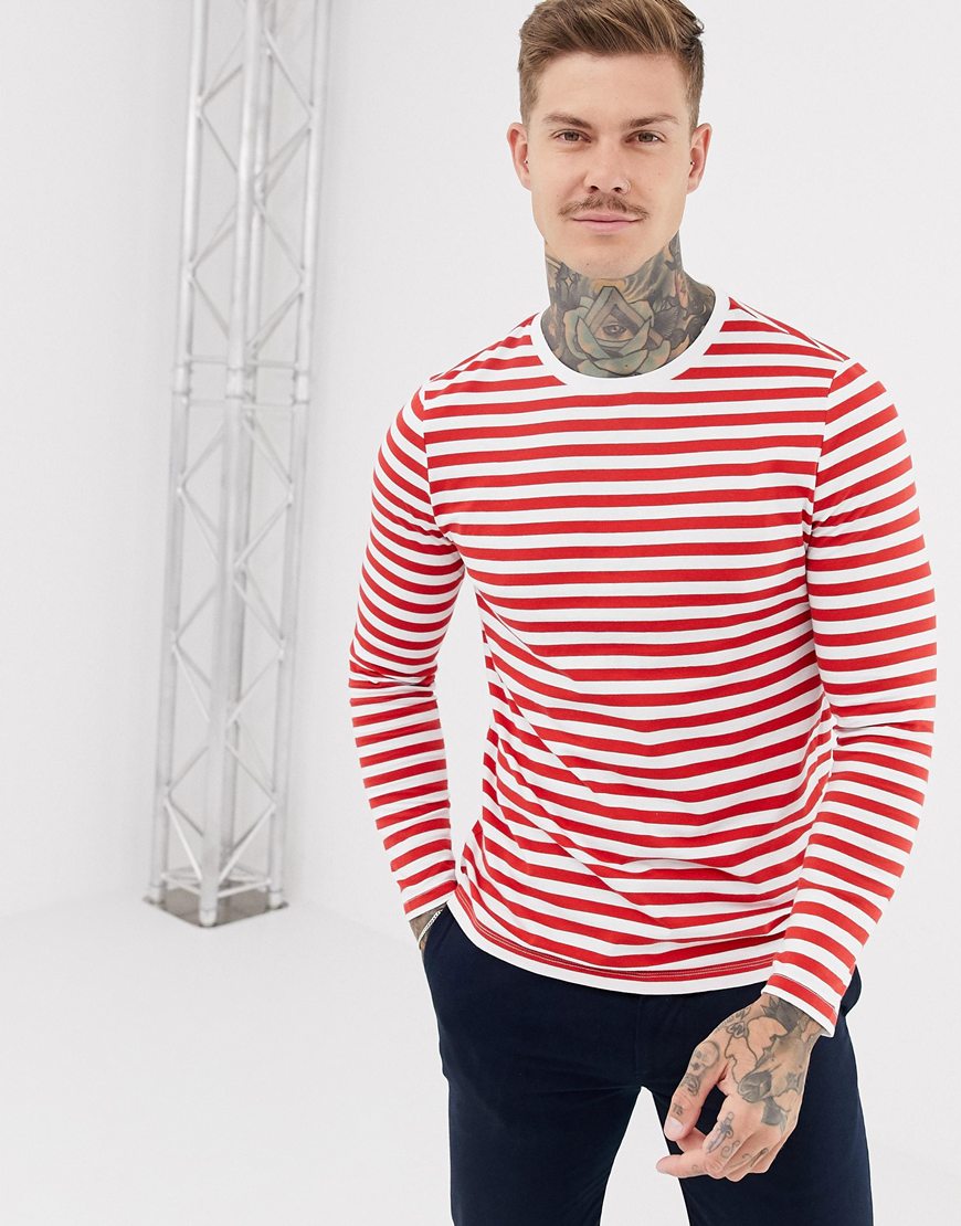 A picture of a model wearing a long-sleeve stripey top. Available at ASOS.