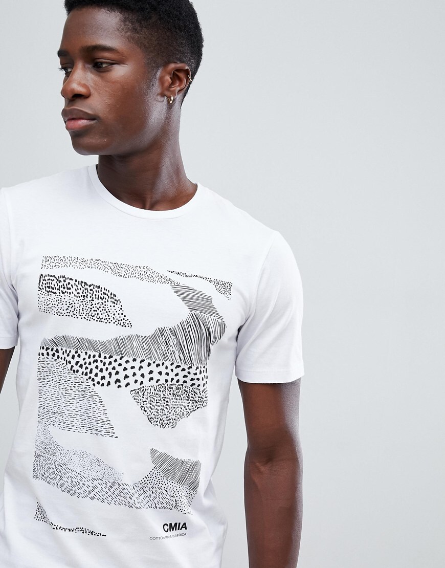 A picture of a model wearing a printed organic cotton T-shirt from Selected Homme. Available at ASOS