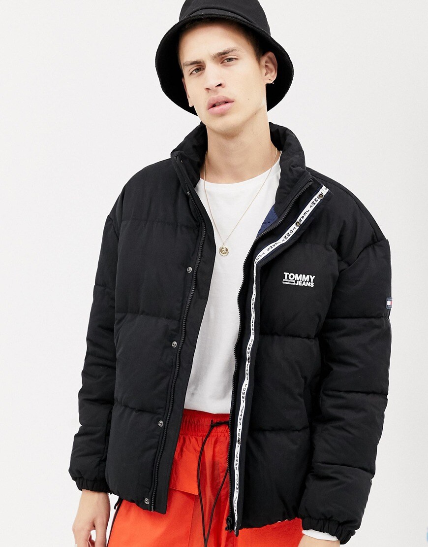 Tommy Jeans essential puffer jacket with logo in black available at ASOS | ASOS Style Feed