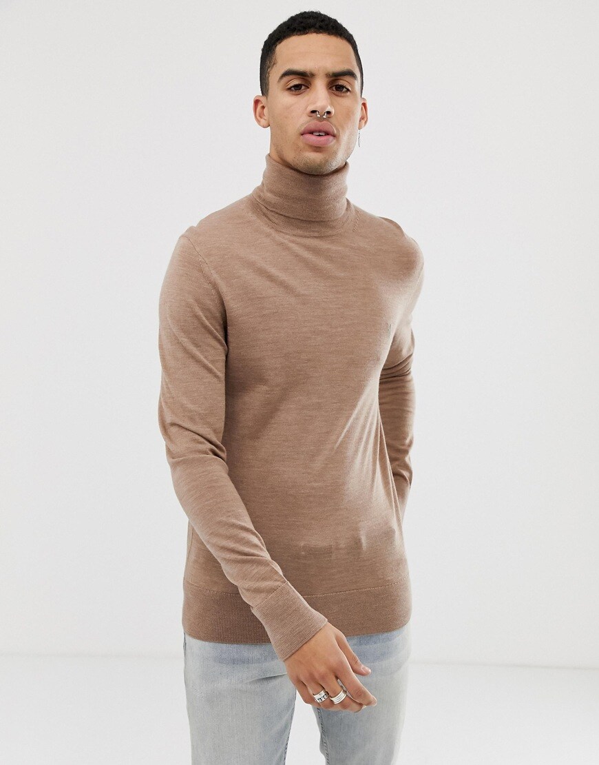 AllSaints Roll Neck Jumper In Beige 100% Merino With Logo available at ASOS | ASOS Style Feed