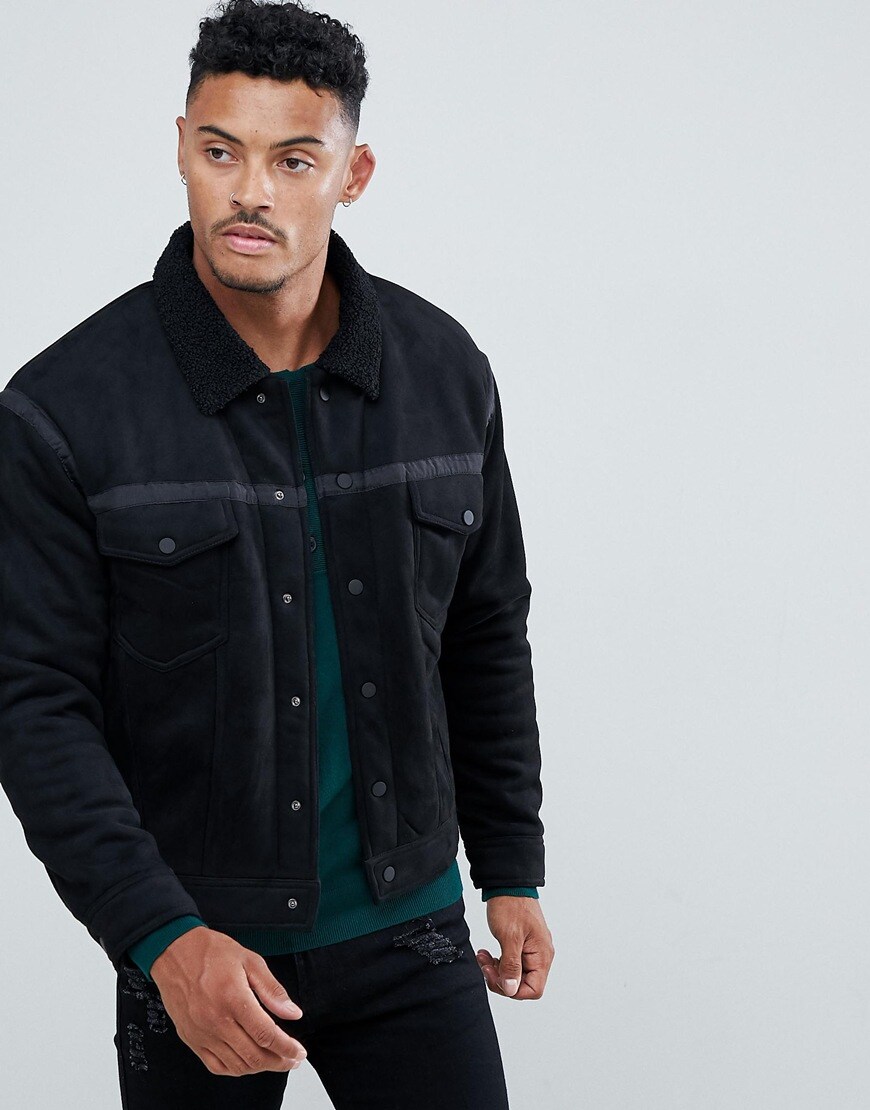 Religion Faux-Suede Jacket In Black With Borg Collar available at ASOS | ASOS Style Feed