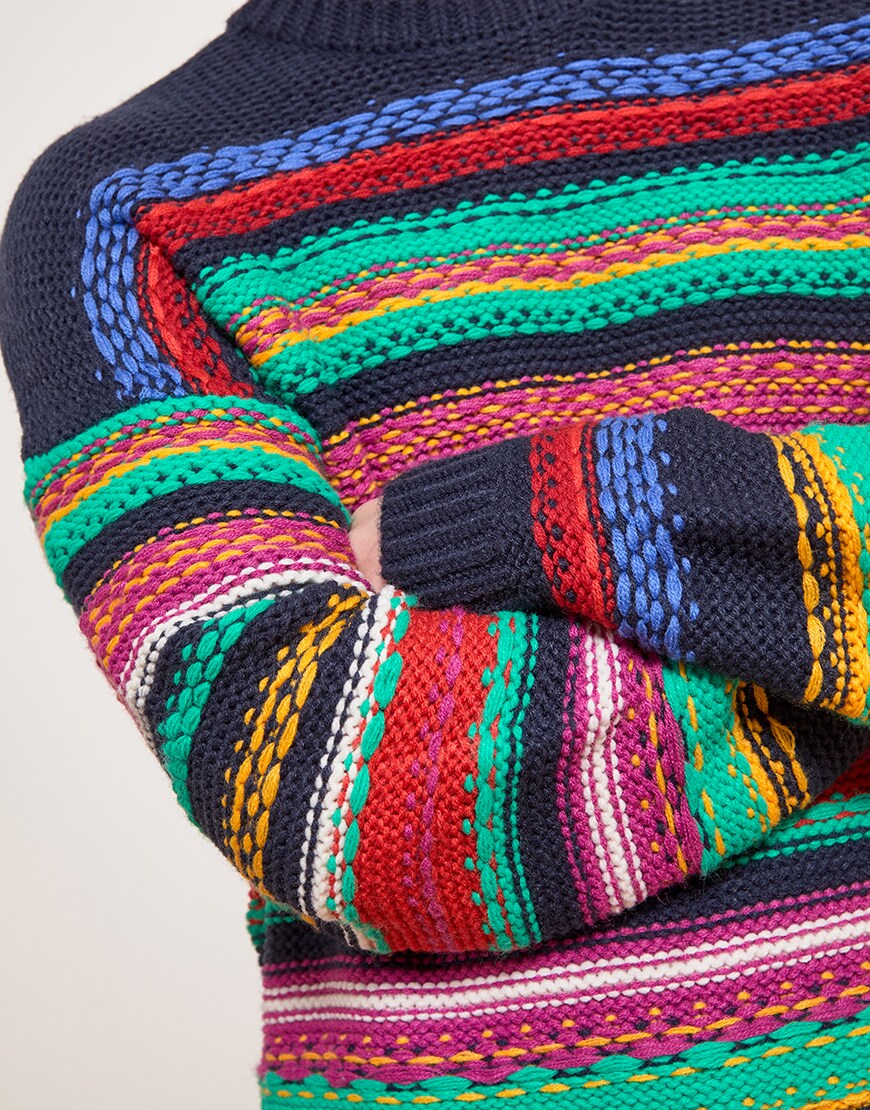 A close-up of Josh's striped knitted jumper | ASOS Style Feed
