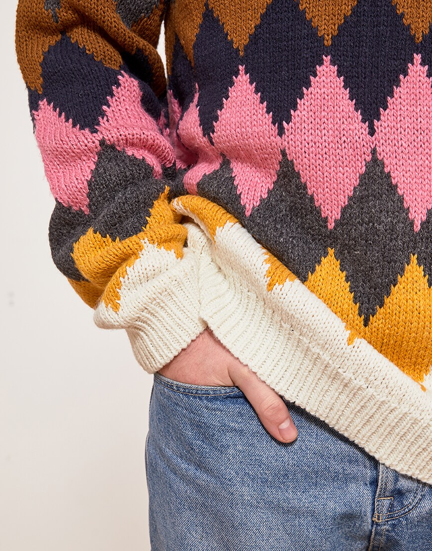 A close-up shot of Steven's patterned jumper | ASOS Style Feed