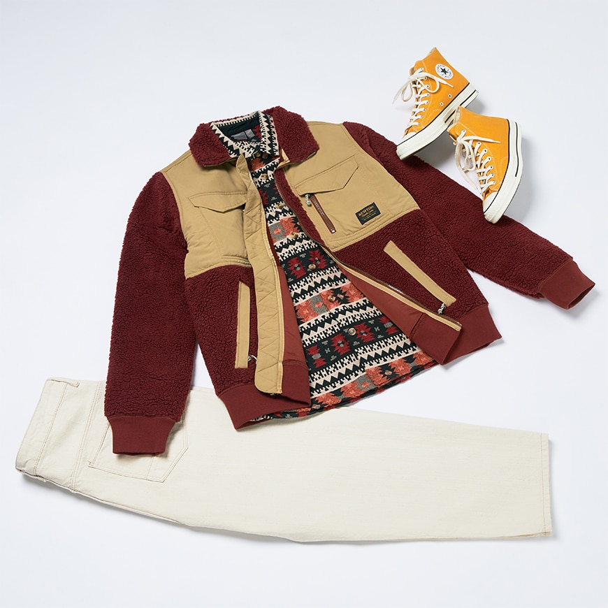 outfit with red brown and yellow colour scheme