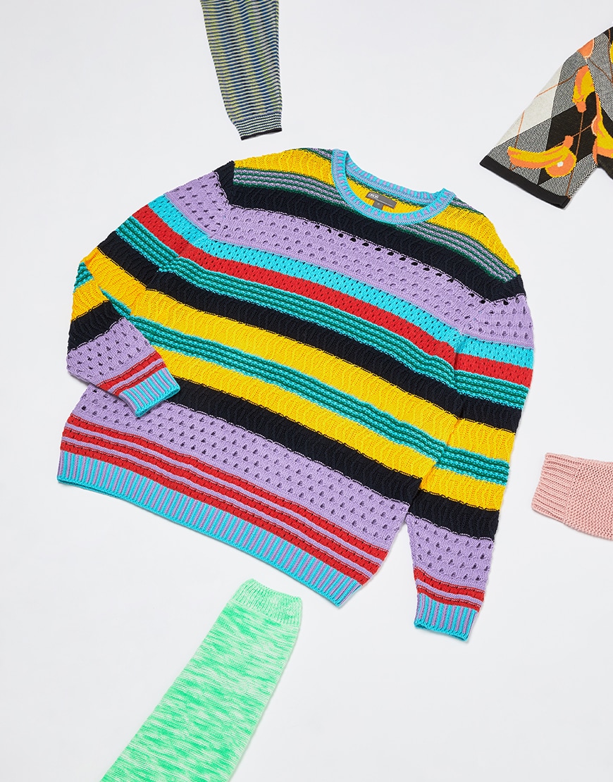 A picture of a men's knitted jumper in a multi-colour stripe design featuring mixed-texture knitwork. Available on ASOS.