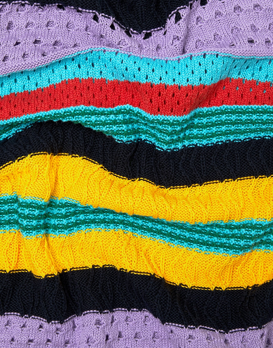 A close-up picture of a men's knitted jumper in a multi-colour stripe design created using a mixed-knit technique.