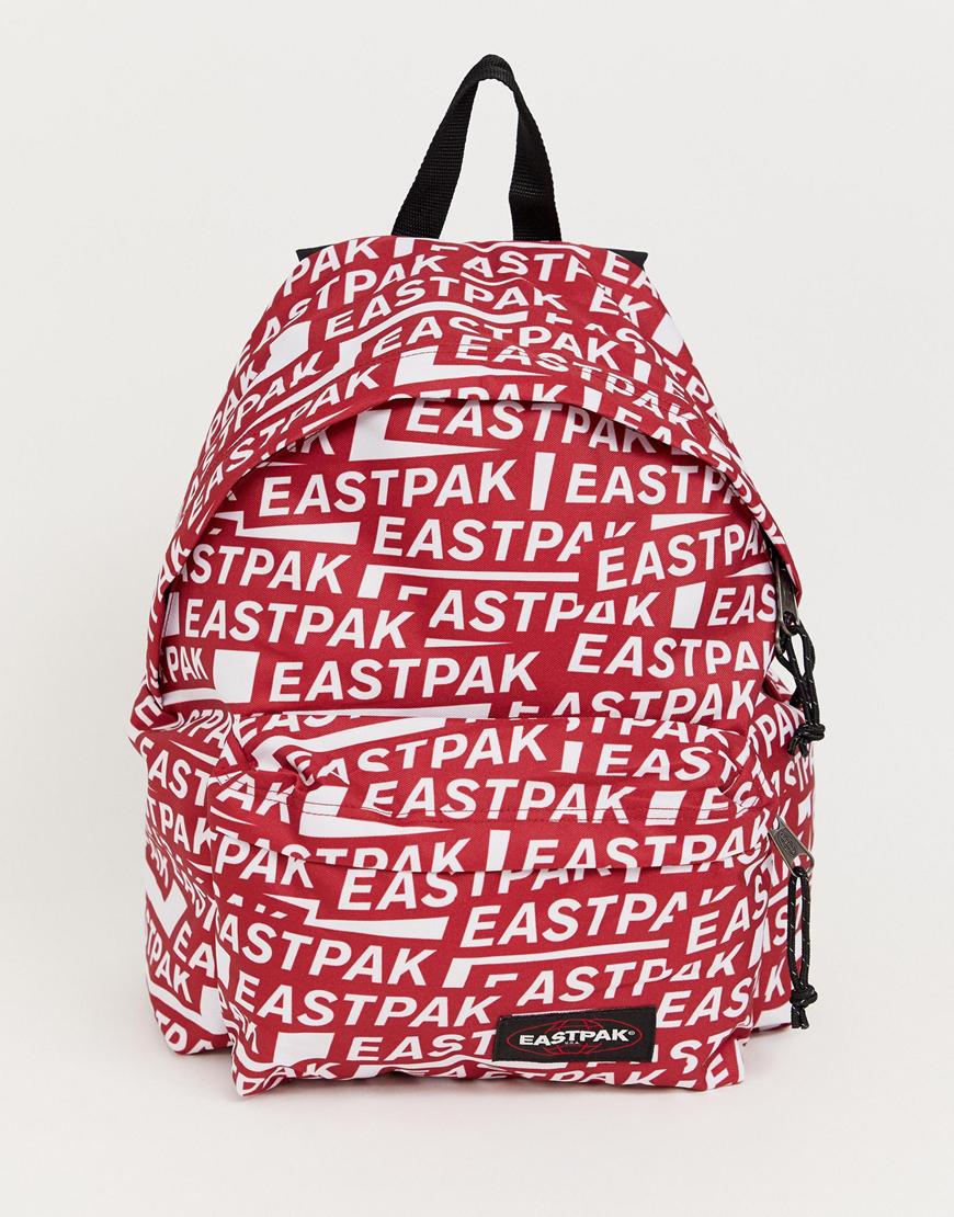 A picture of an Eastpak backpack featuring an all-over logo print. Available on ASOS.