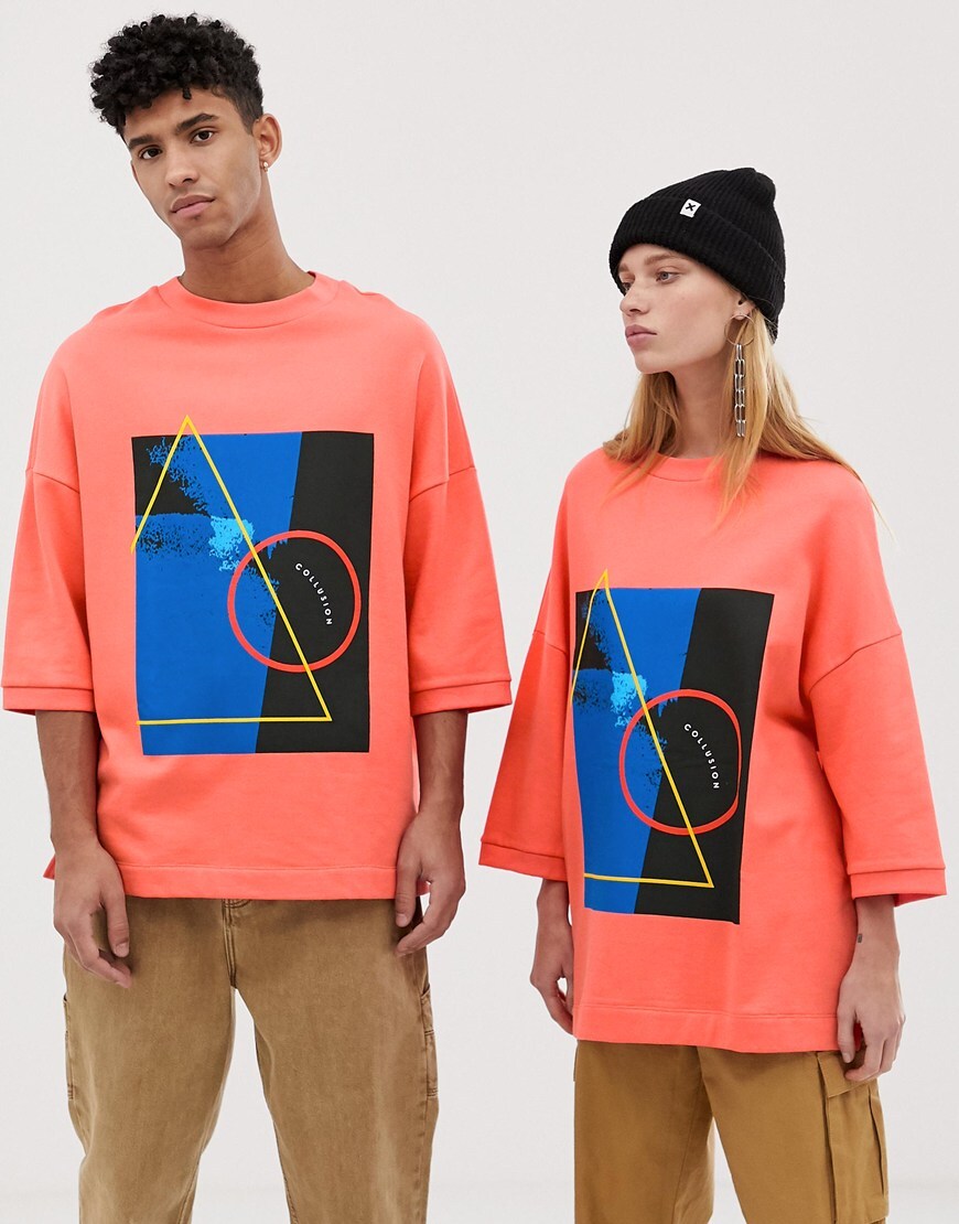 A picture of a man and woman wearing a short sleeve sweatshirt from Collusion. Available at ASOS.