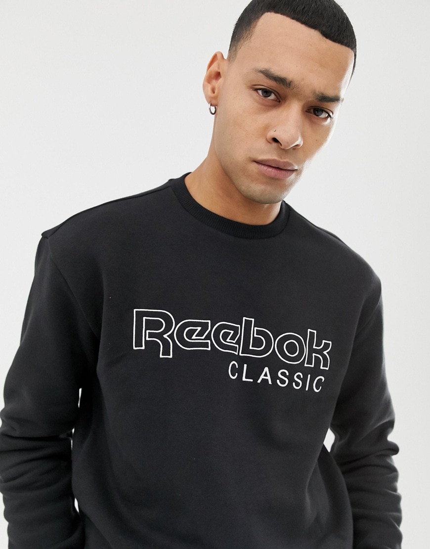 A picture of a man wearing a black Reebok Classic logo sweatshirt. Available on ASOS.