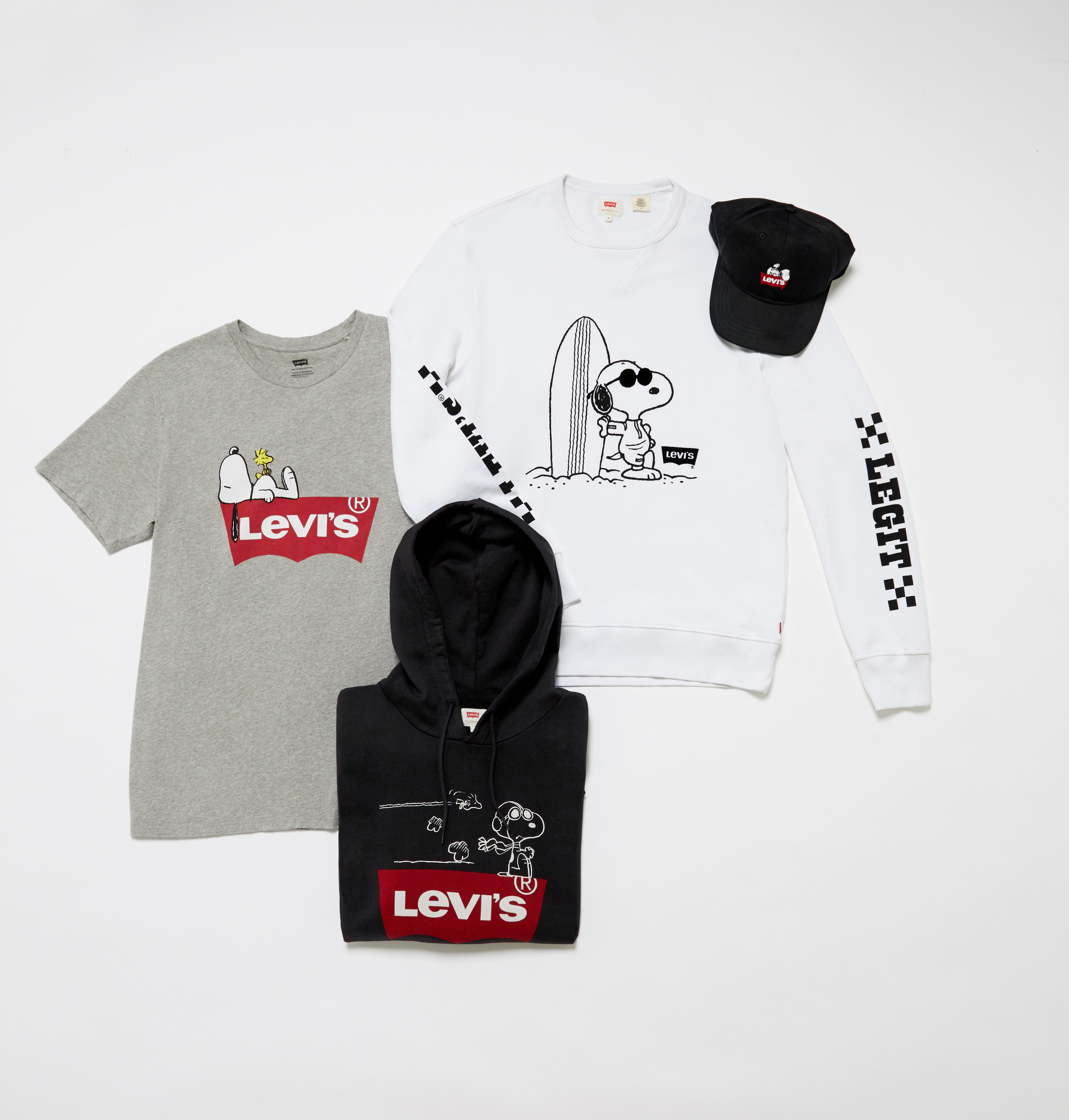 A picture of the Levi's X Peanuts collaboration featuring sweatshirts, T-shirts and accessories. Available at ASOS.
