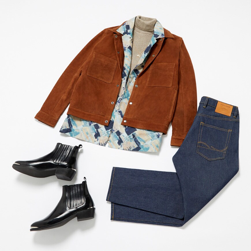 An outfit inspired by BlacKkKlansman featuring a suede jacket, wide-collar shirt and roll-neck | ASOS