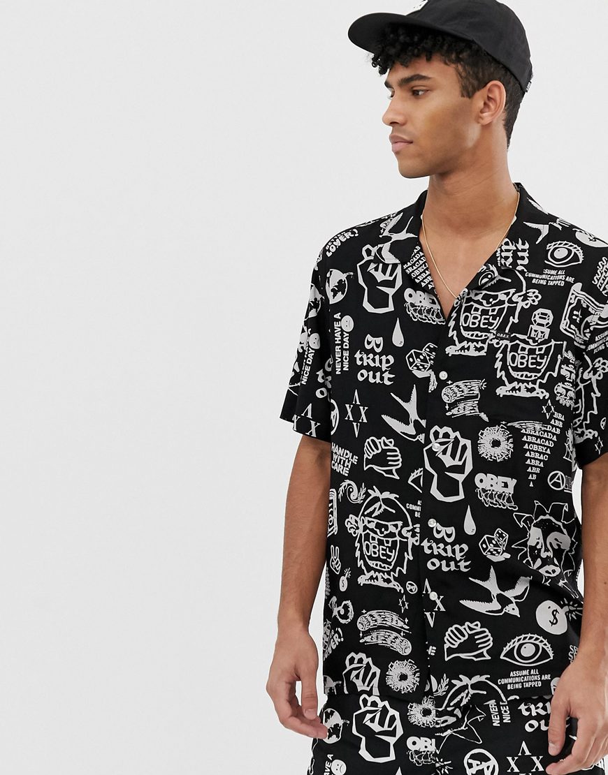A picture of a man wearing an Obey shirt. Available at ASOS.