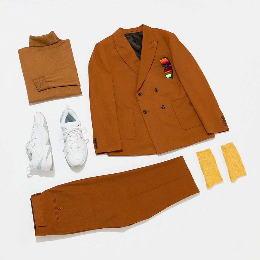 A flat lay of a tonal suit and accessories. Available at ASOS.