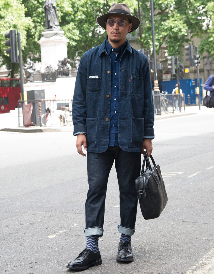 A picture of a stret styler wearing a denim chore jacket by Levi's.