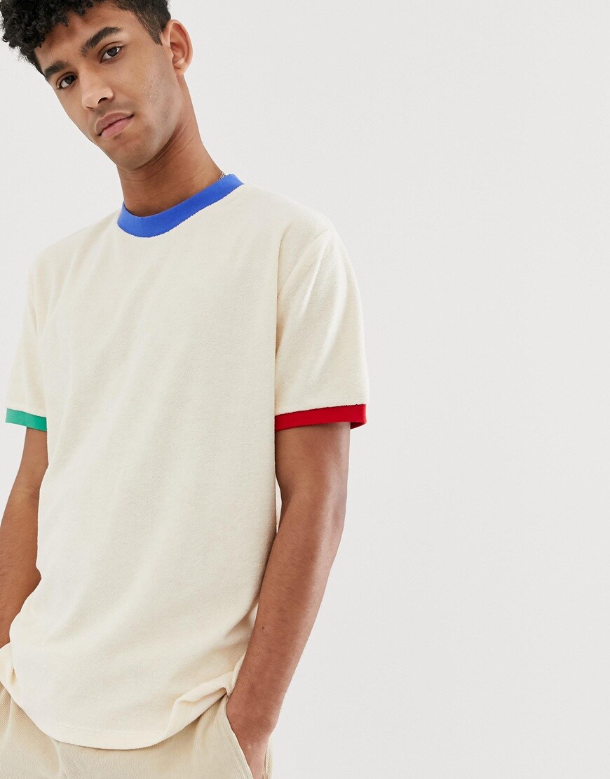 ASOS DESIGN - T-shirt décontracté en tissu éponge avec encolure et bords de manches contrastants