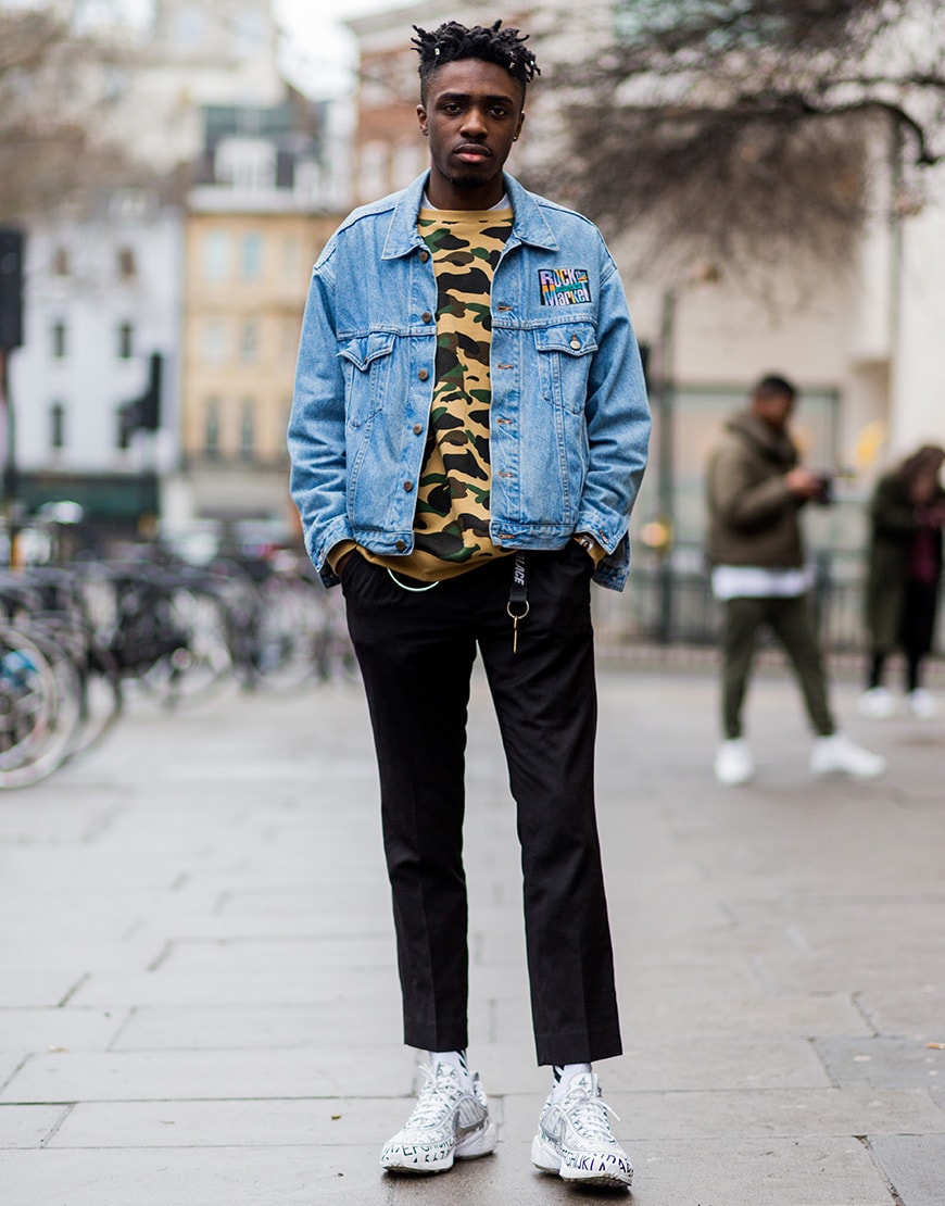 A picture of a streetstyler wearing a denim jacket.