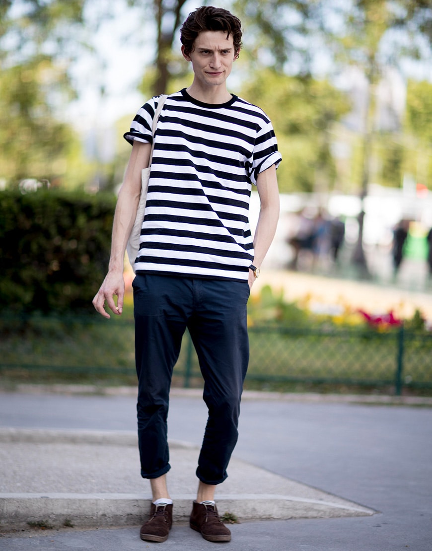 A picture of a street styler wearing a breton stripe T-shirt.