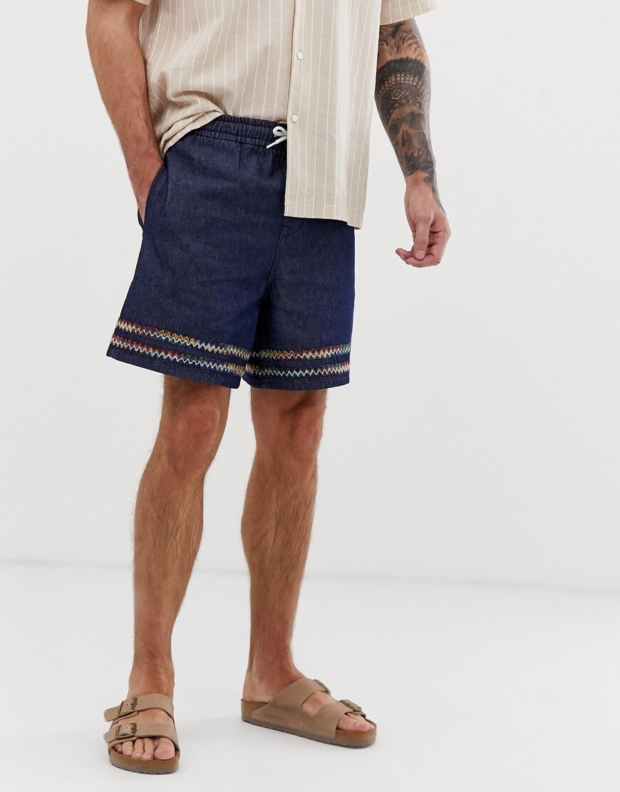 A picture of a model wearing a pair of denim shorts. Available at ASOS.