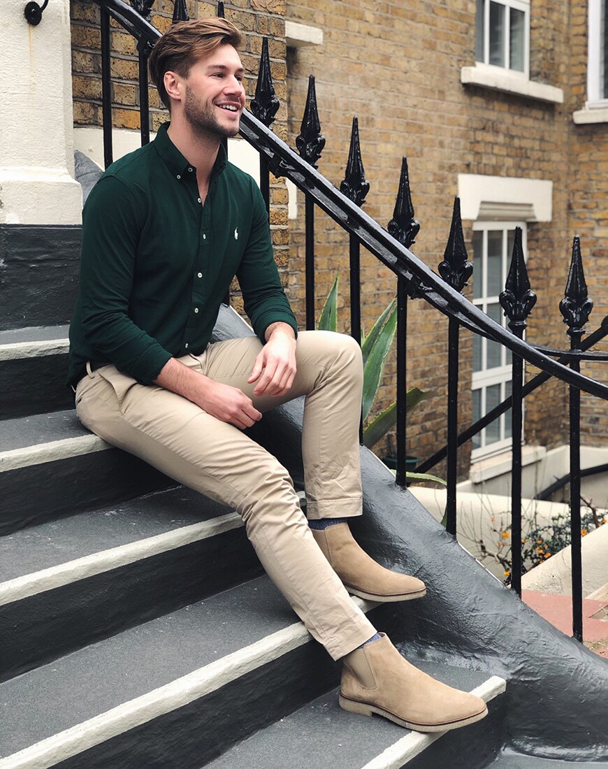 A picture of an ASOS Insider wearing a button-down shirt and skinny fit trousers from Polo Ralph Lauren. Available at ASOS.