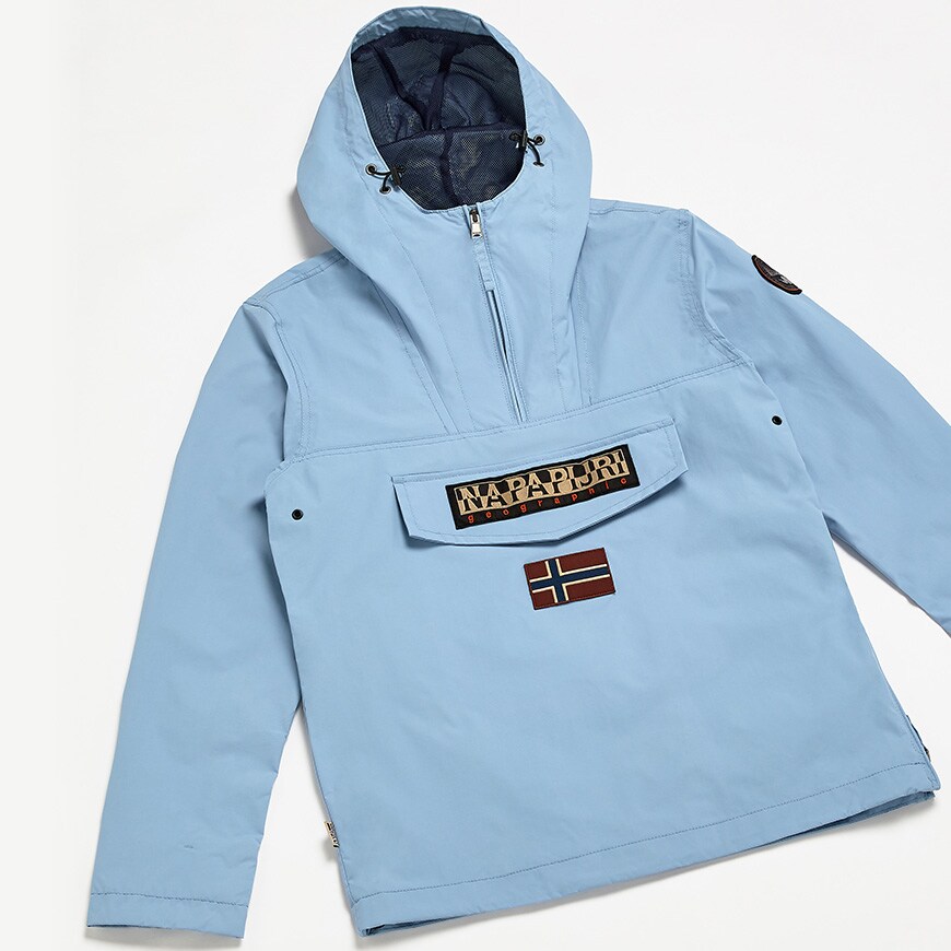 A picture of a pastel-blue rain jacket by Napapijri. Available at ASOS.