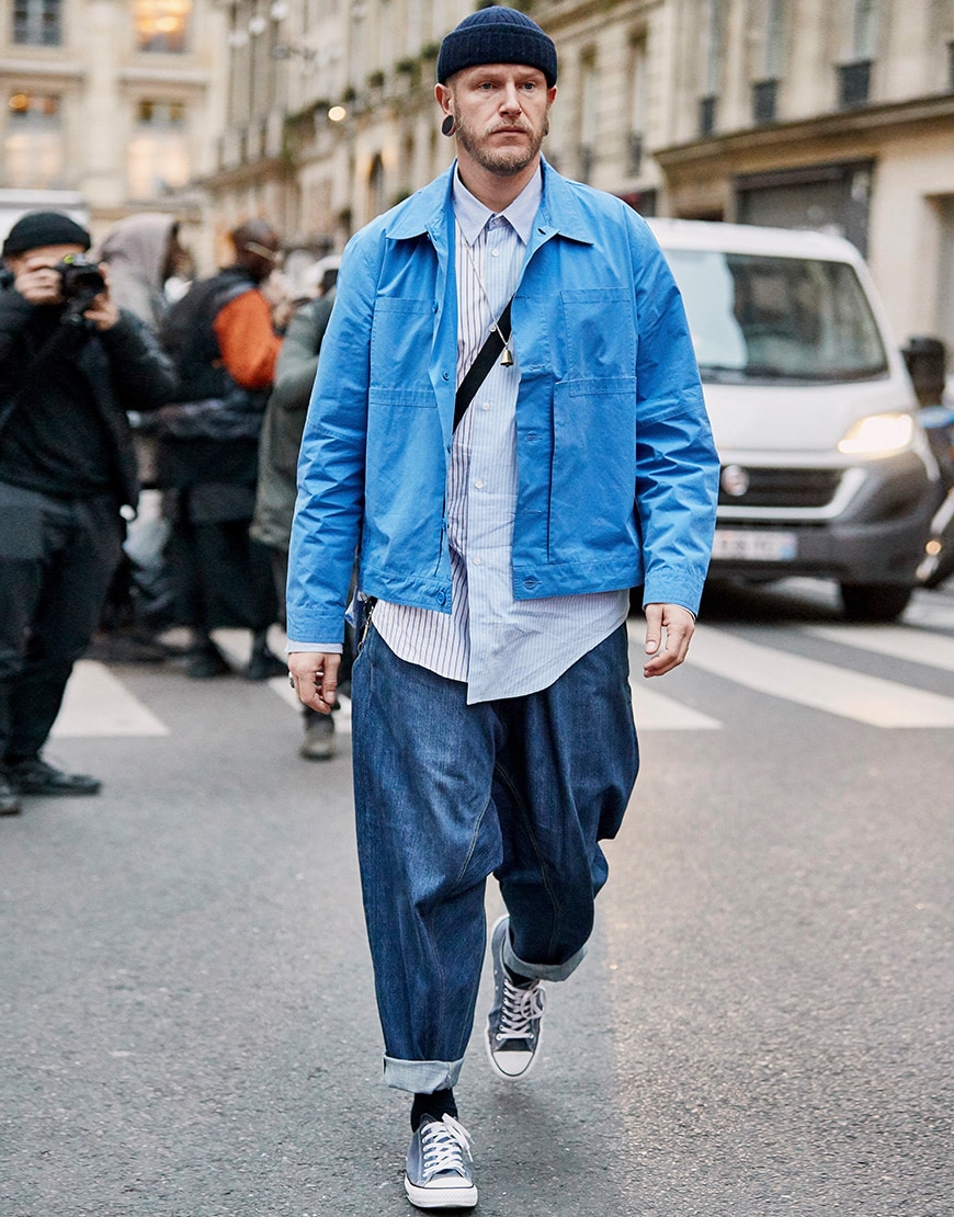 Street style guy in french worker jacket