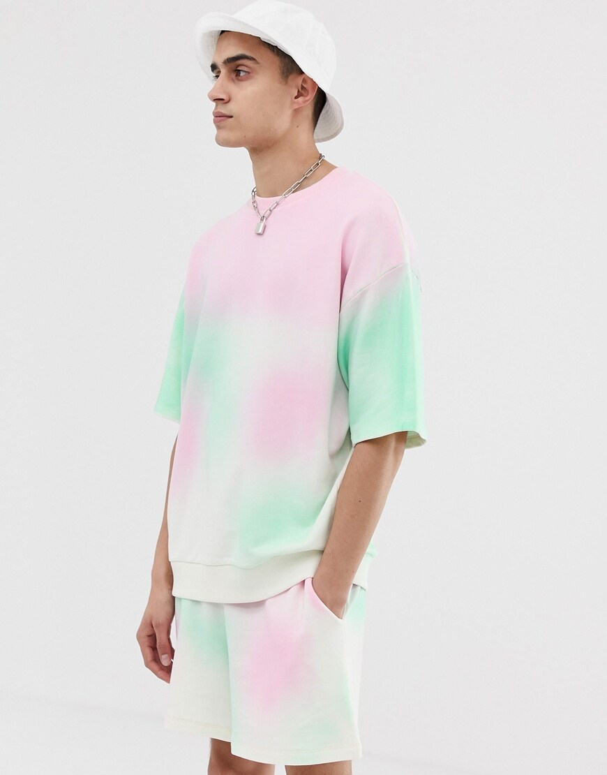 ASOS DESIGN - Sweat-shirt oversize à manches courtes et imprimé effet pulvérisé (ensemble) - Rose et vert
