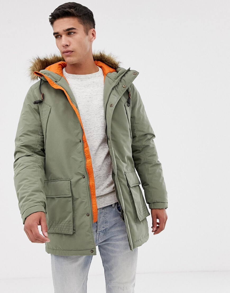 Jack & jones parka jacket with faux fur hood Clearance