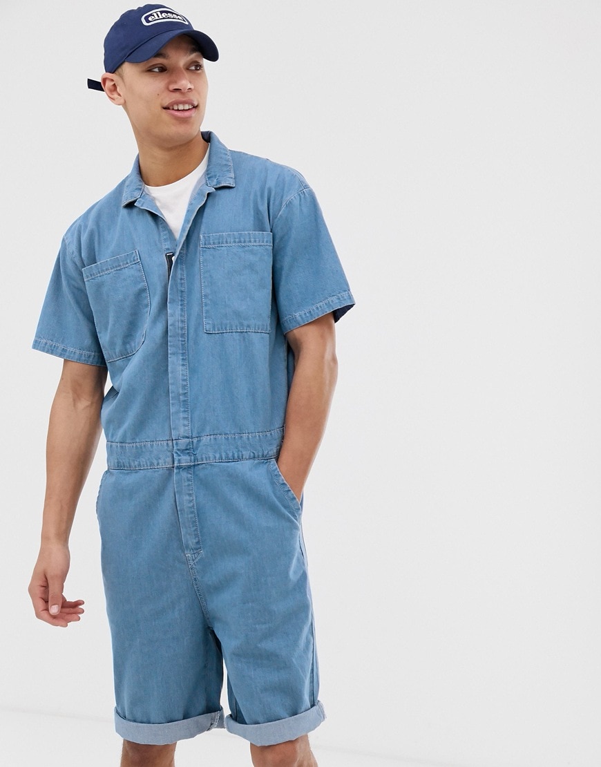 ASOS DESIGN Tall - Combinaison style bleu de travail en jean - Bleu délavé moyen