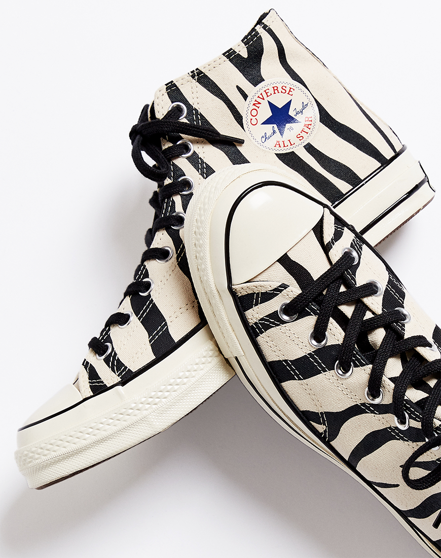 A picture of a pair of zebra-print Converse Chuck 70 trainers. Available at ASOS.
