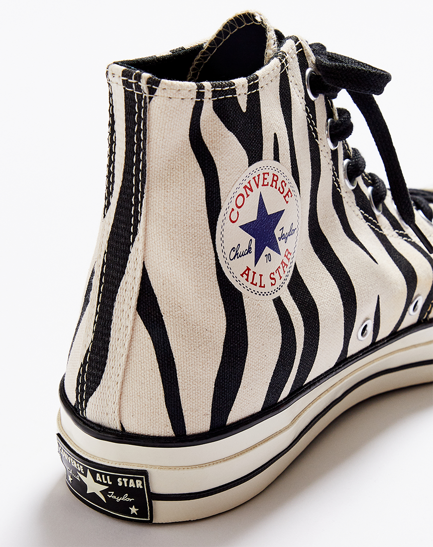A picture of a pair of zebra-print Converse Chuck 70 trainers. Available at ASOS.