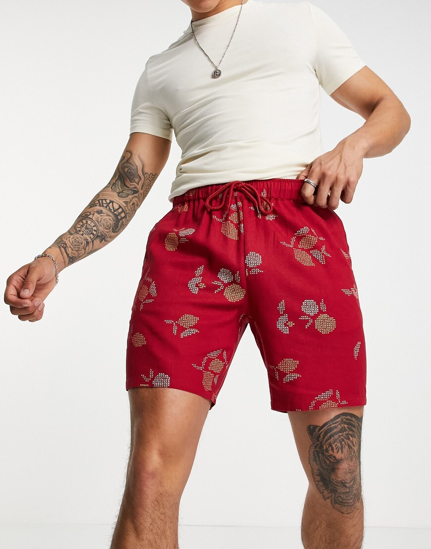 ASOS DESIGN slim shorts in linen mix with embroidered print | ASOS Style Feed