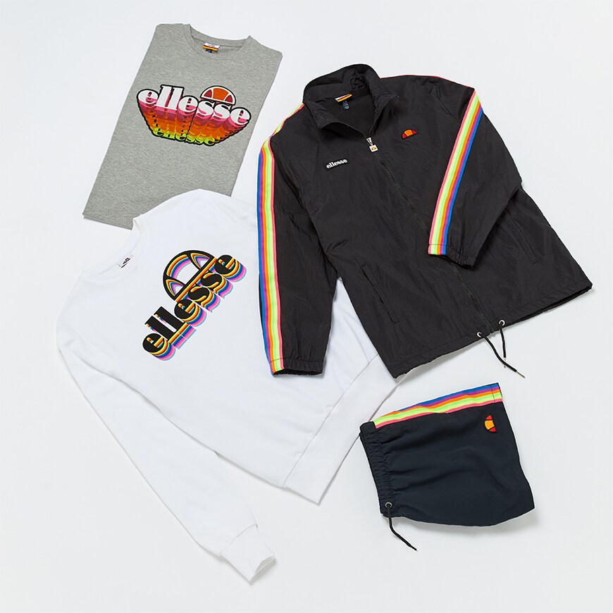 A flat lay featuring an exclusive ellesse collection including T-shirt's, joggers, and jackets. Available at ASOS.