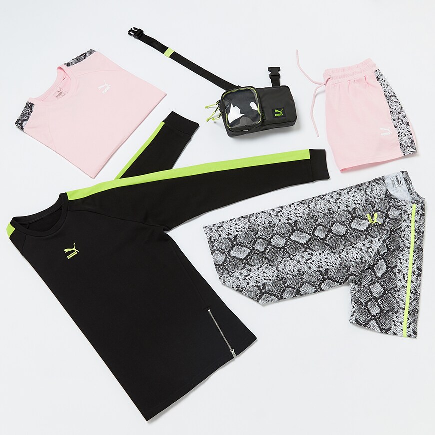 A picture of an exclusive PUMA collection featuring neon colours and snakeskin prints. Available at ASOS.
